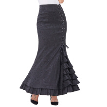 Belle Poque Women Vintage Retro Victorian Style Ruffled Jacquard Fishtail Mermaid Black Long Maxi Skirt BP000204-1